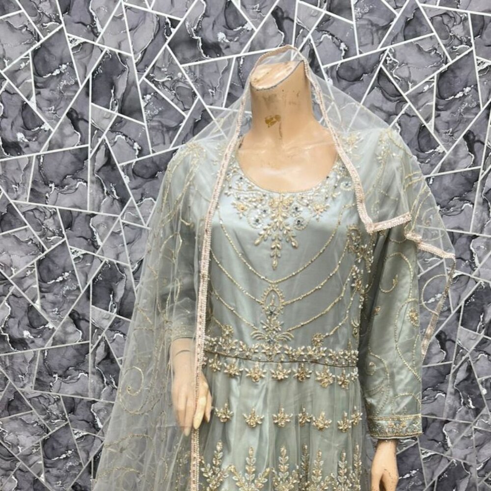light blue colour Designer Partywear Bridal Maxi Gown with Can-Can